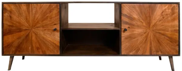 Jag 65 Inch Mango Wood TV Media Entertainment Center, 2 Doors, Brown-Benzara