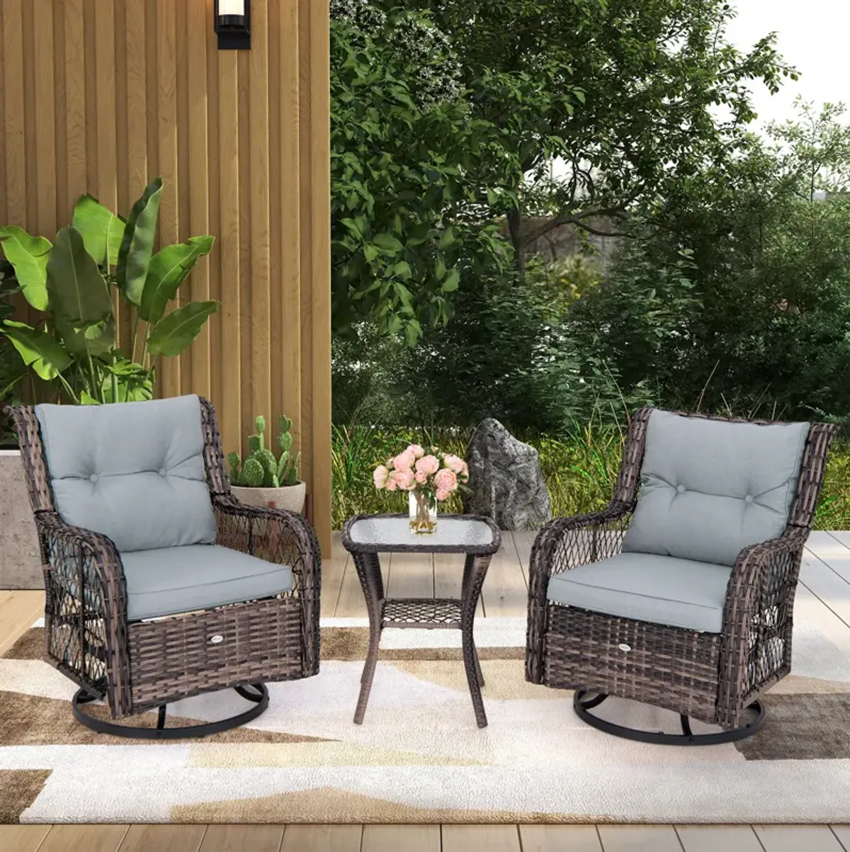 3 Pieces Outdoor Swivel Rocker Set with Small Side Table