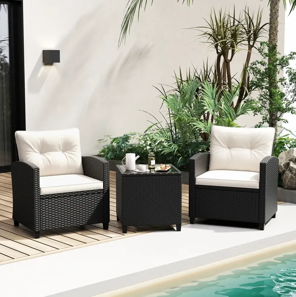 3 Pieces Patio Furniture Set with Tempered Glass Coffee Table