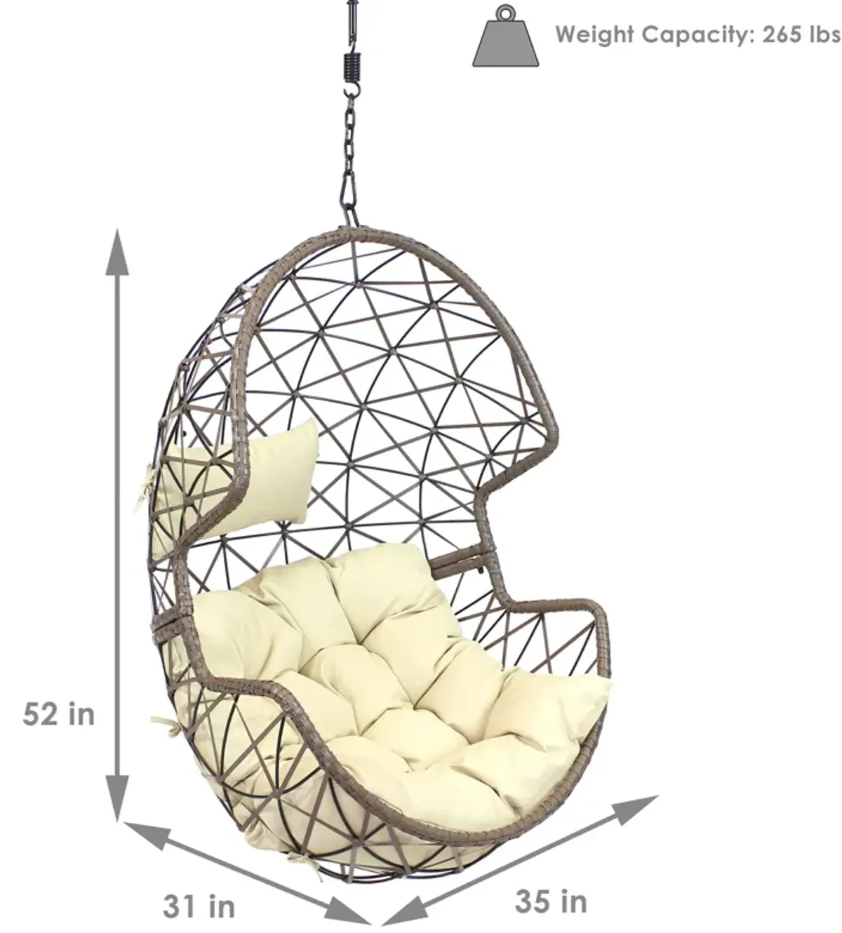 Sunnydaze Resin Wicker Basket Hanging Egg Chair with Cushions - Beige