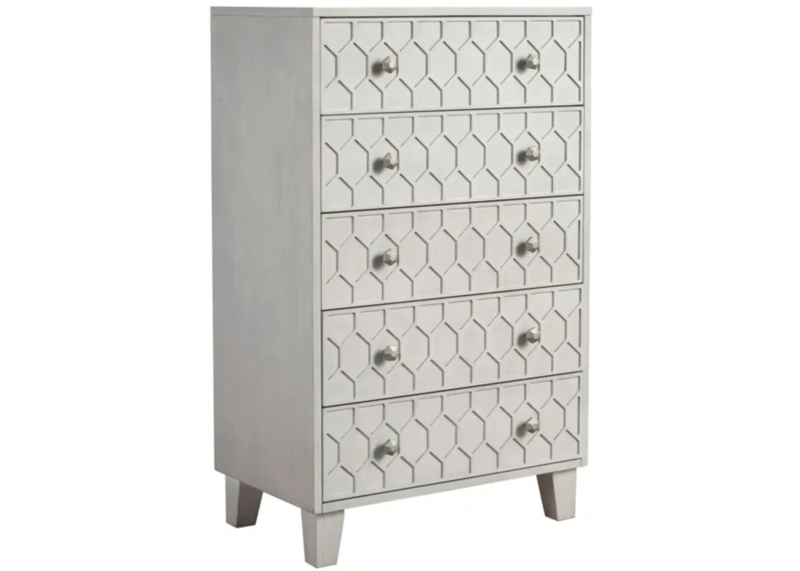 Rue 48 Inch 5 Drawer Dresser Chest, Textured Honeycomb Design, Light Gray-Benzara