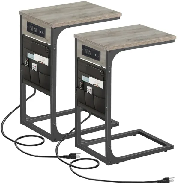 TUTOTAK C Shaped End Table with Charging Station, Side Table for Sofa, Couch Table with Storage Bag, Set of 2, TV Tray Table wit