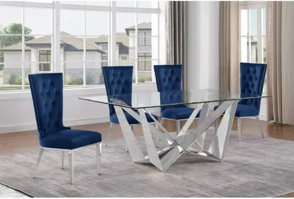 5pc Small(78") glass dining set with silver base and 4 Navy blue side chairs