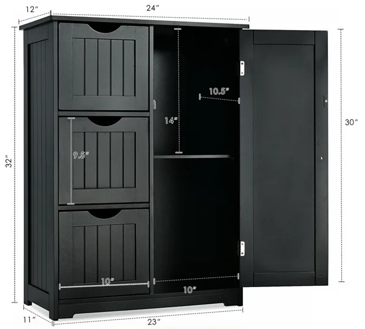 Bathroom Floor Cabinet Side Storage Cabinet with 3 Drawers and 1 Cupboard