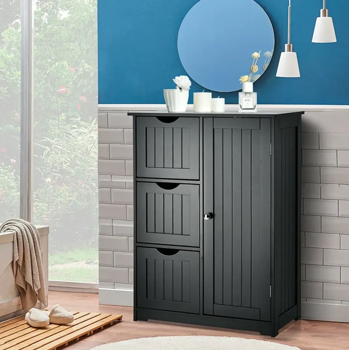 Bathroom Floor Cabinet Side Storage Cabinet with 3 Drawers and 1 Cupboard