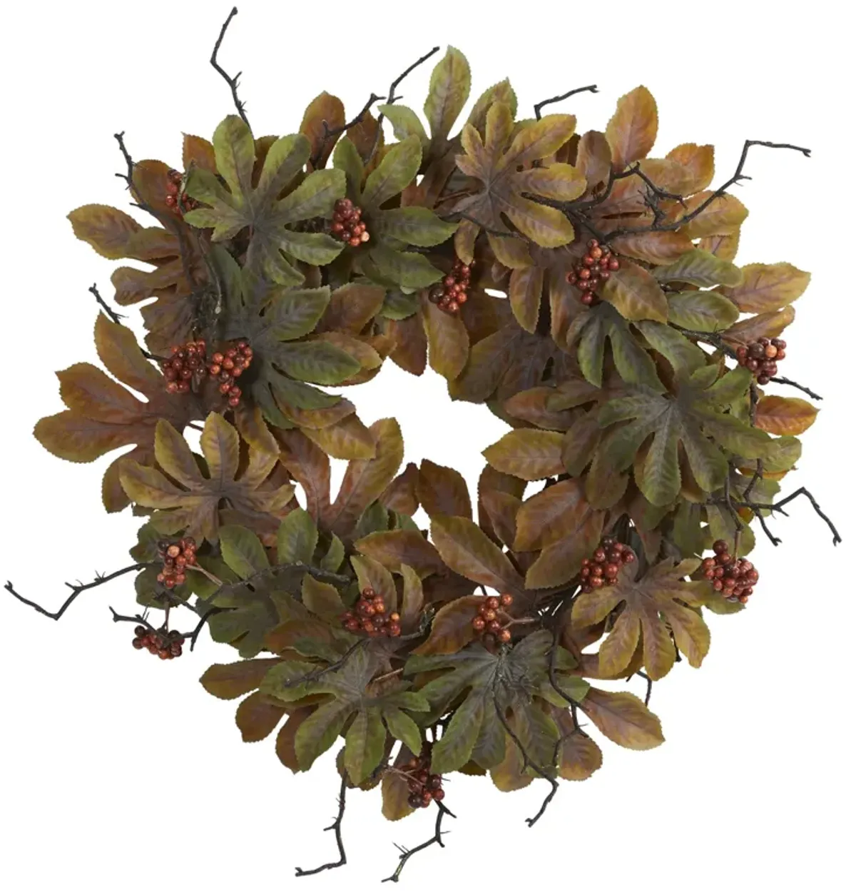 Hivvago 24" Fatsia with Berries Autumn Artificial Wreath