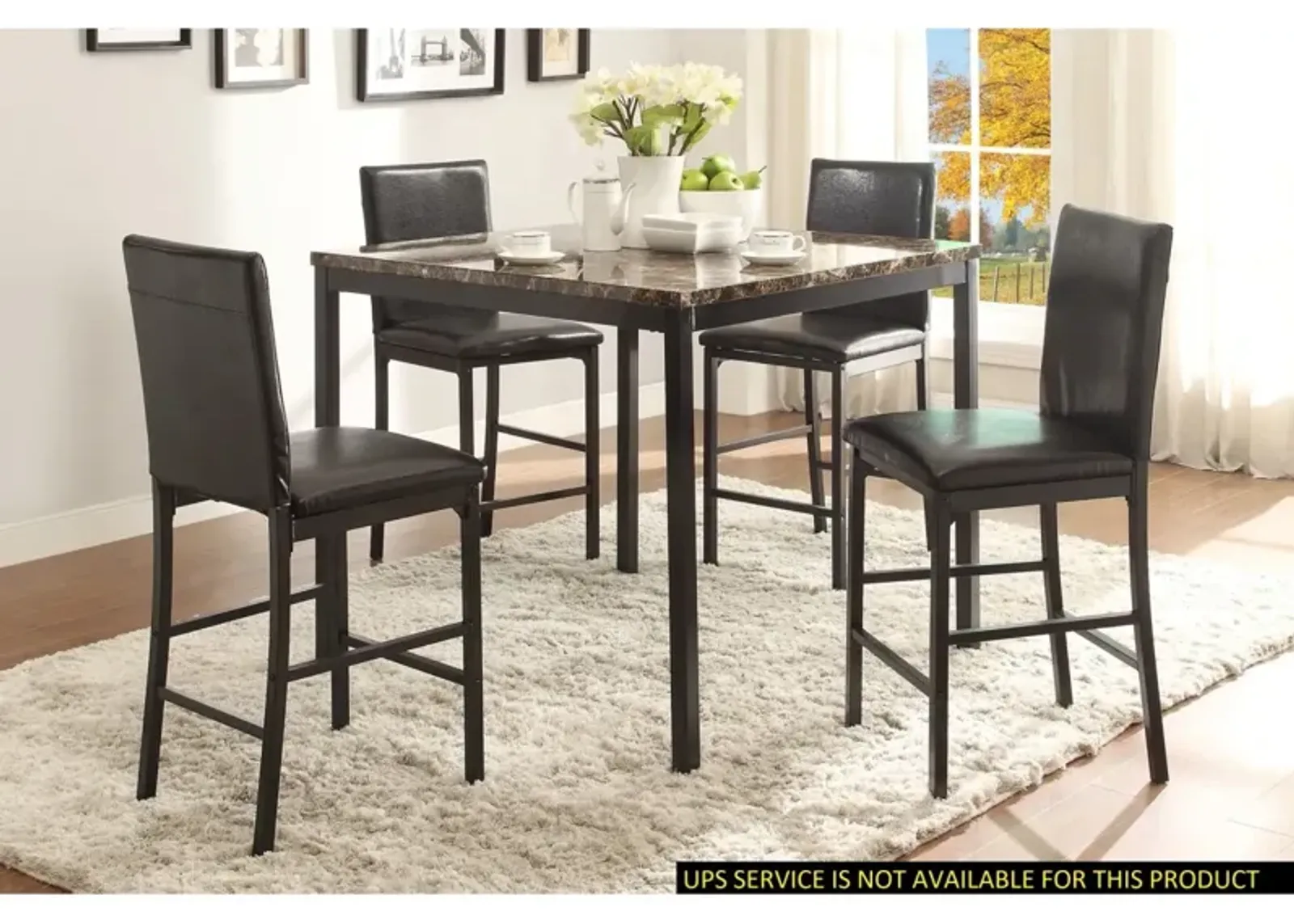 5 Piece Black Metal Finish Dining Set with Faux Marble Tabletop & 4 Counter Height Chairs