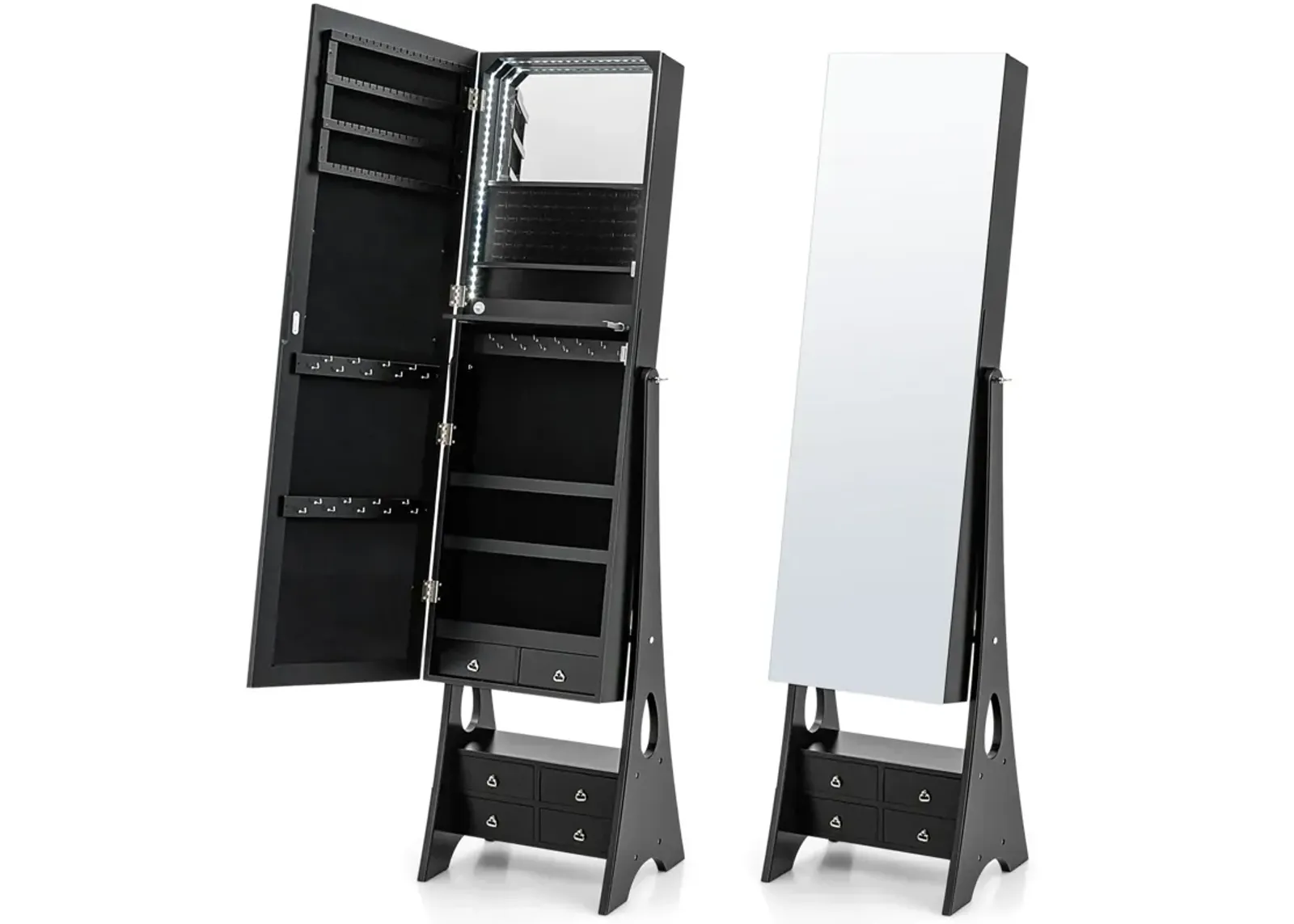 Freestanding Full Length LED Mirrored Jewelry Armoire with 6 Drawers