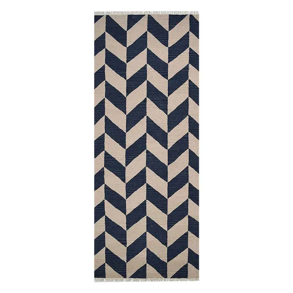 RUGSOTIC CARPETS HAND WOVEN FLAT WEAVE KILIM WOOL ECO-FRIENDLY AREA RUGS  - 2'6''x12', Runner Shape, Blue White Color, Contemporary Modern Design, Low Pile Handmade Rugs for Living Room (D00133)