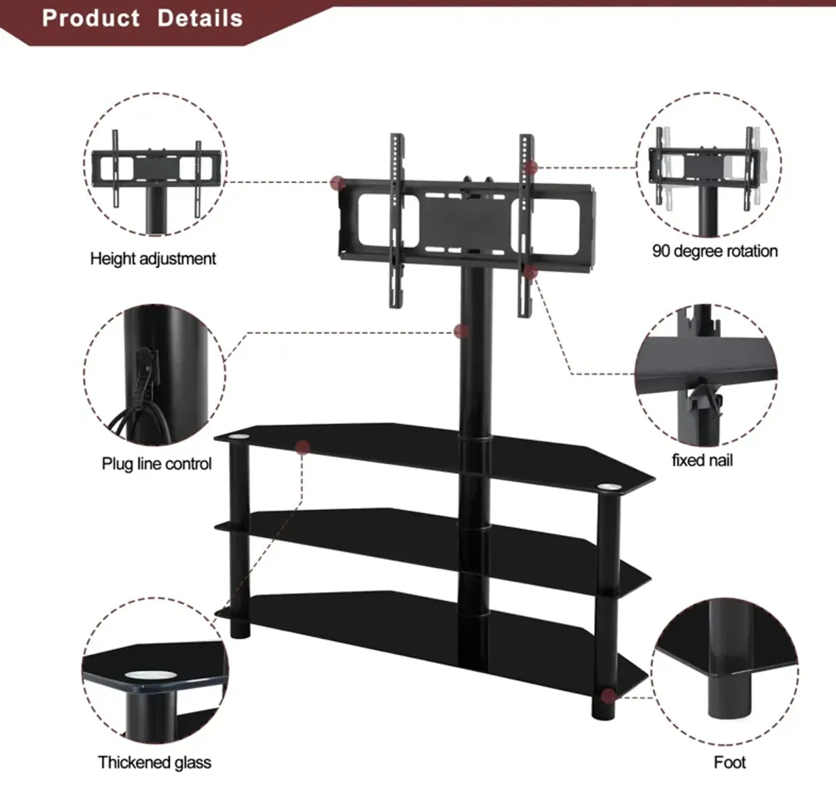 35.4 Inch Black Multi-Function TV Stand Height Adjustable Bracket Swivel 3-Tier