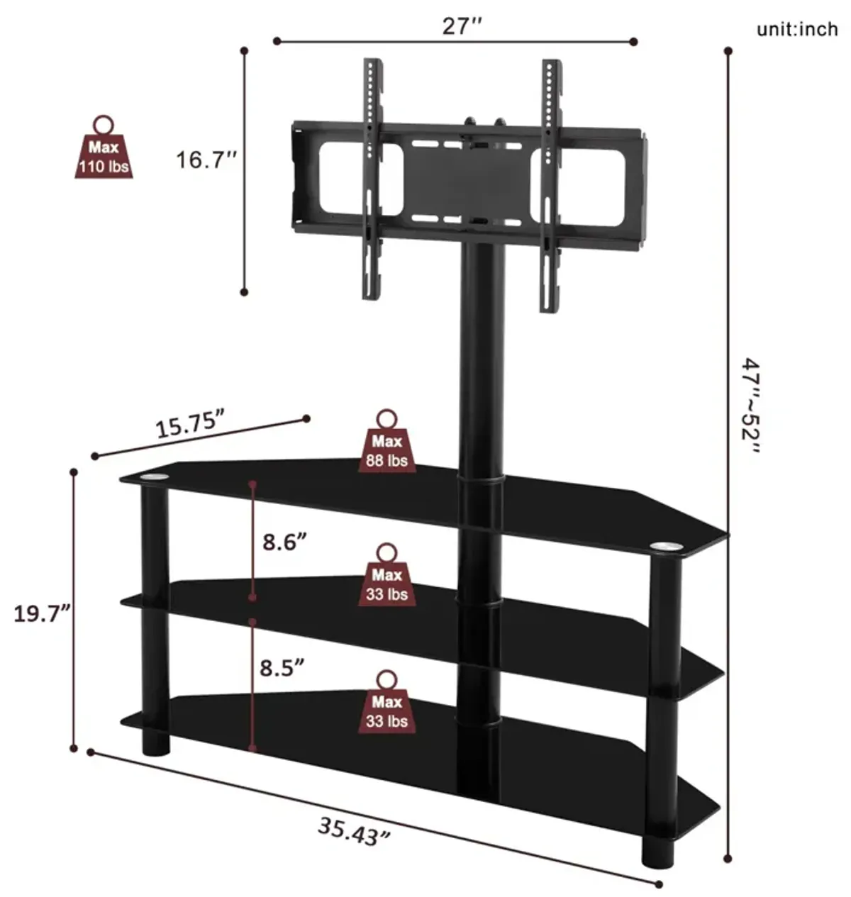 35.4 Inch Black Multi-Function TV Stand Height Adjustable Bracket Swivel 3-Tier