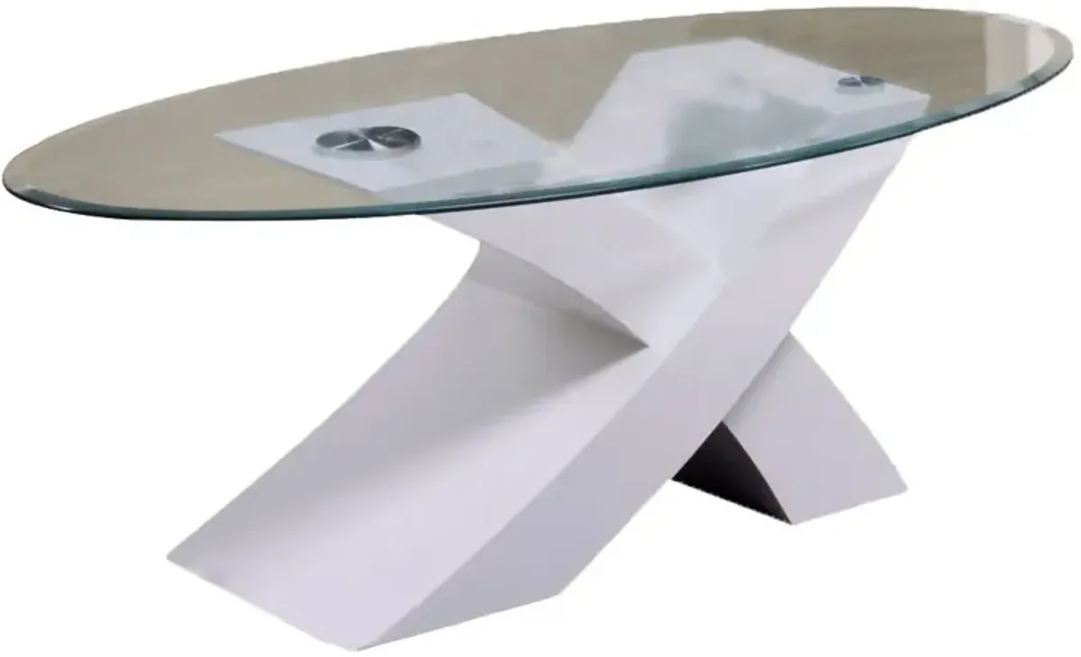 Yardlio Coffee Table - Pervis Oval Coffee Table with Glass Top, High Gloss X Shape Base, 8mm Clear Tempered Glass - White & Clear Glass (1Set/2Ctn)