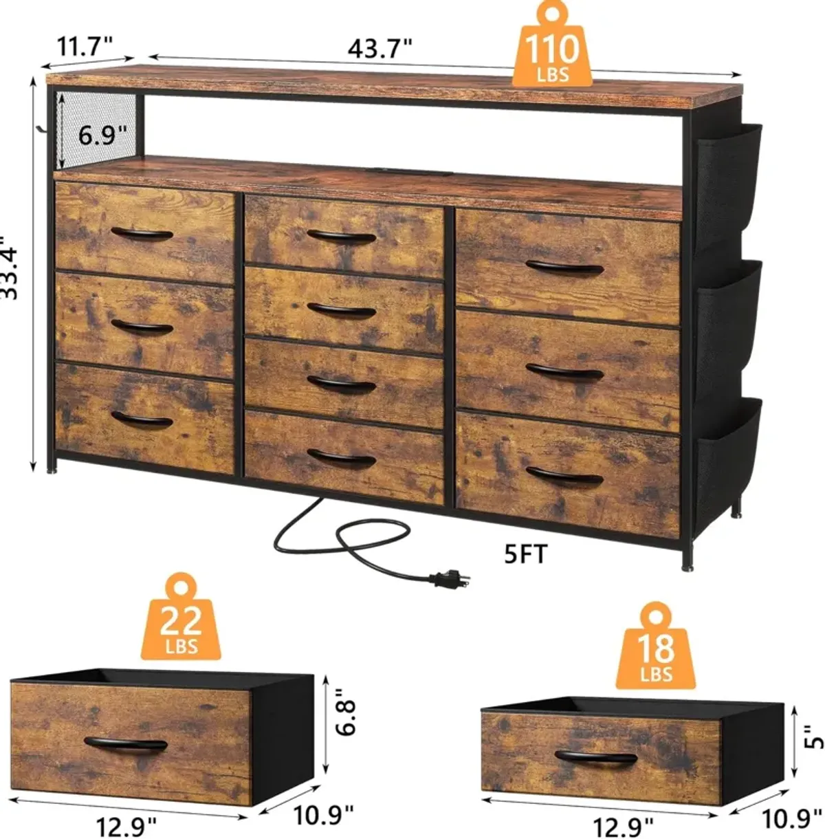 Rustic Brown 10 Drawer Dresser for Bedroom with Wood Open Shelves