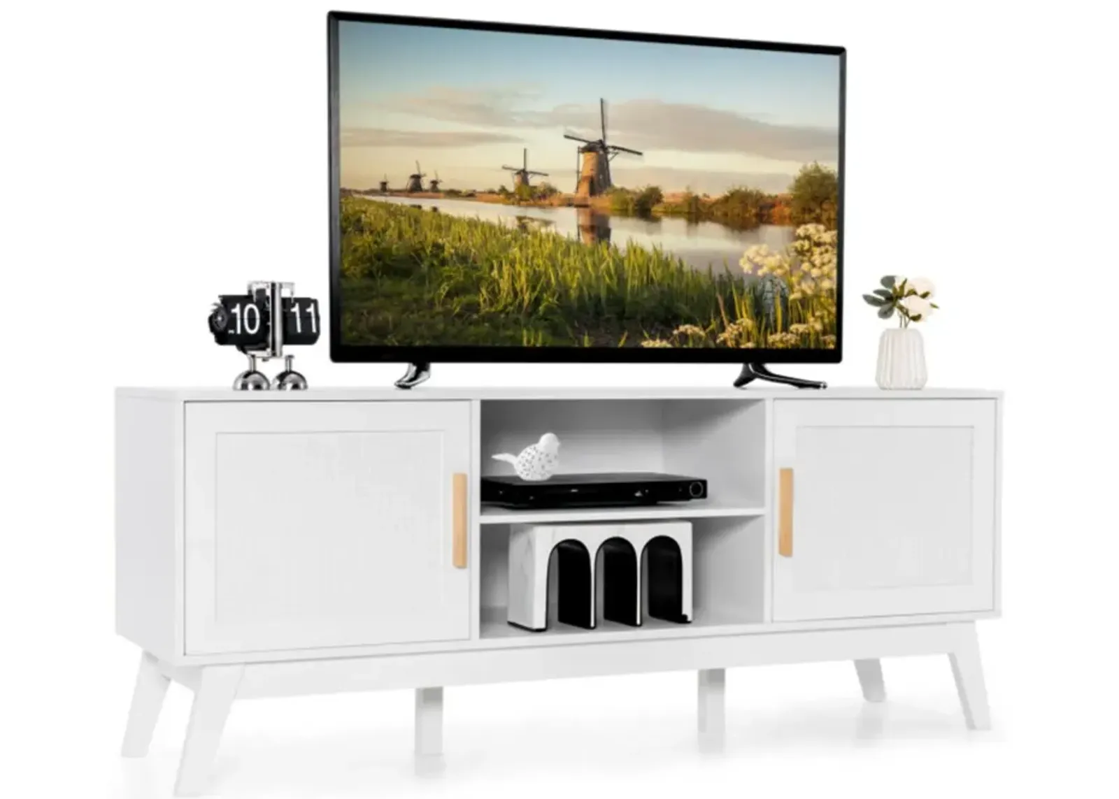 Hivvago TV Stand Entertainment Media Console with 2 Rattan Cabinets and Open Shelves-White