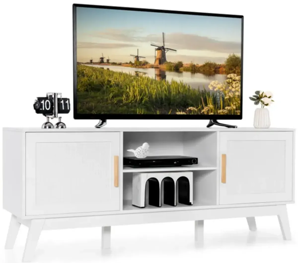 Hivvago TV Stand Entertainment Media Console with 2 Rattan Cabinets and Open Shelves-White