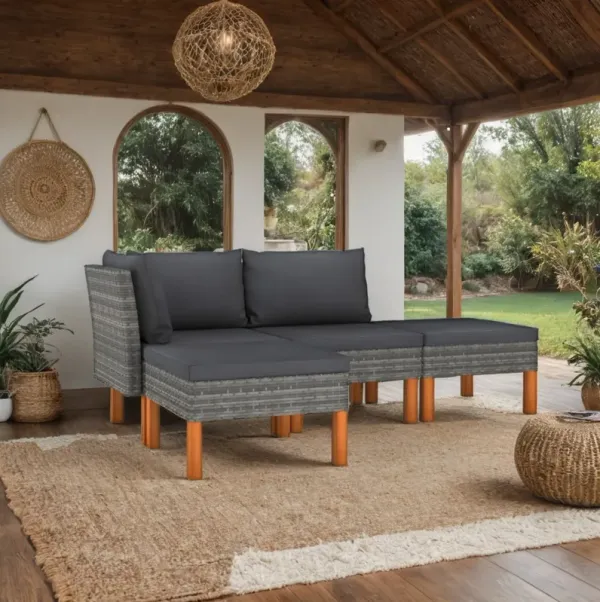 Feno 4pc Outdoor Modular Lounge Sofa Set, 2 Ottomans, Dark Gray Rattan - Benzara