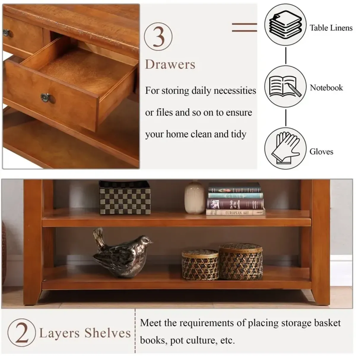 48" Pine Wood Console Table with Storage