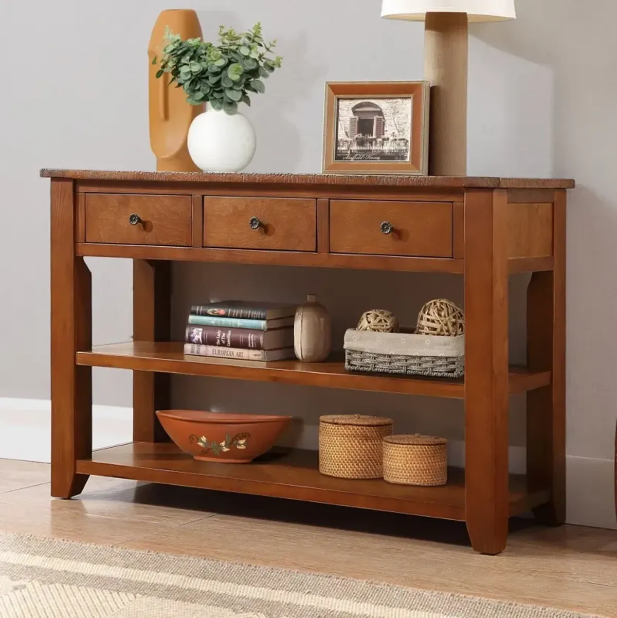 48" Pine Wood Console Table with Storage