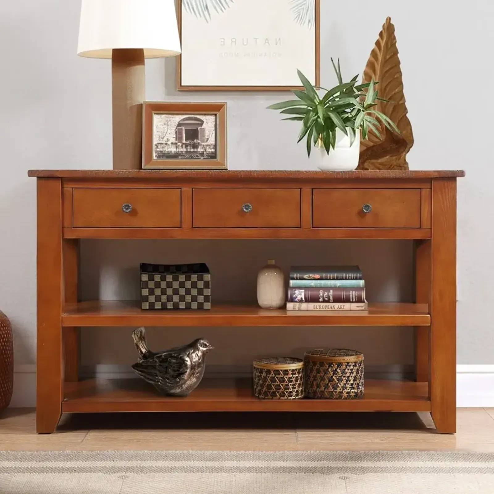 48" Pine Wood Console Table with Storage