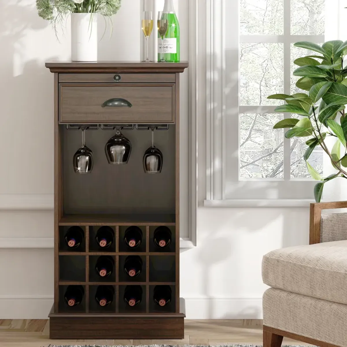 FESTIVO Wine Cabinet w/ Metal Glass Holder & Lattice Rack