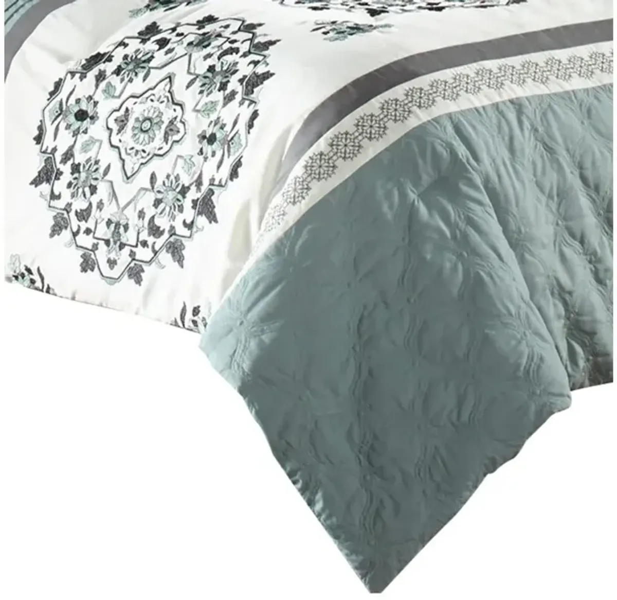 7 Piece King Polyester Comforter Set with Floral Details, Blue and Gray - Benzara