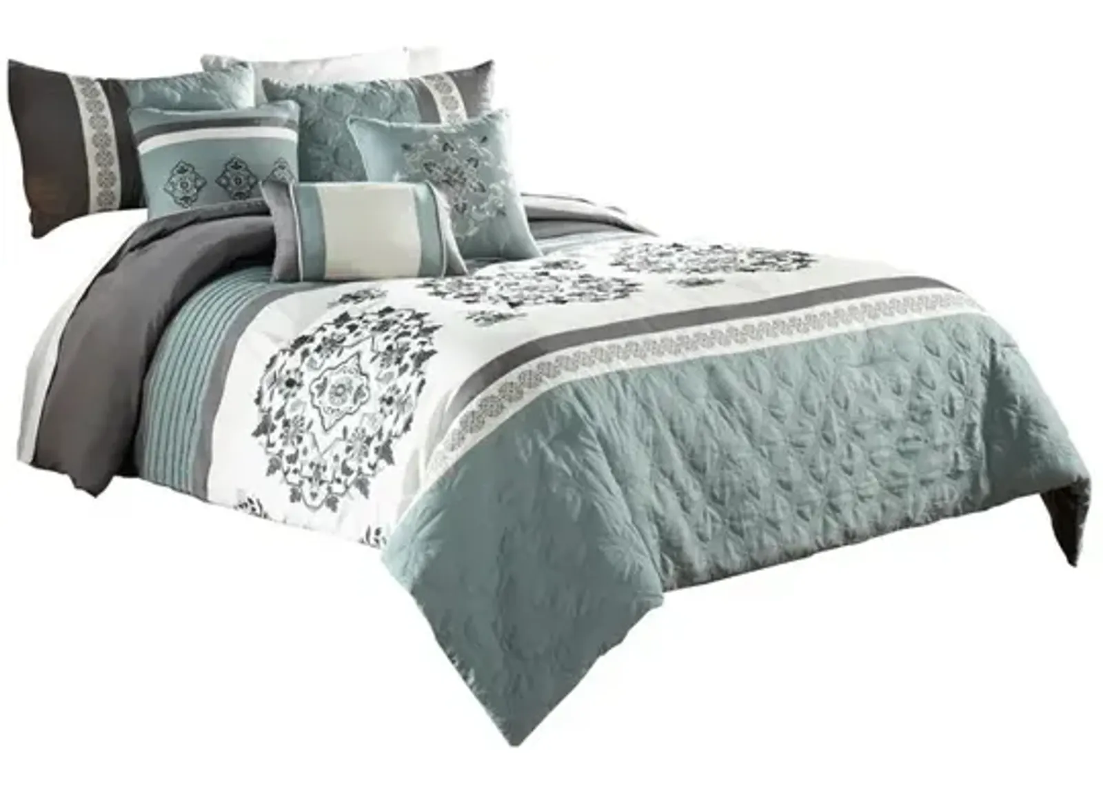 7 Piece King Polyester Comforter Set with Floral Details, Blue and Gray - Benzara