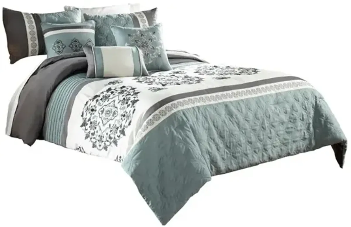 7 Piece King Polyester Comforter Set with Floral Details, Blue and Gray - Benzara