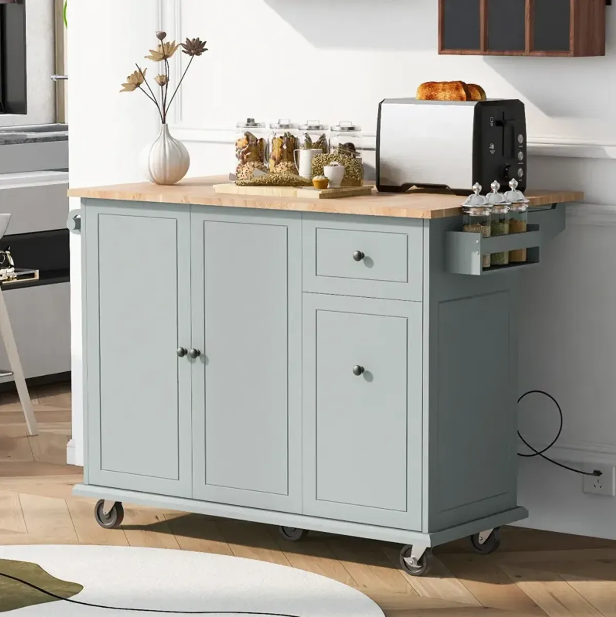 Rolling kitchen island with drop leaf and storage