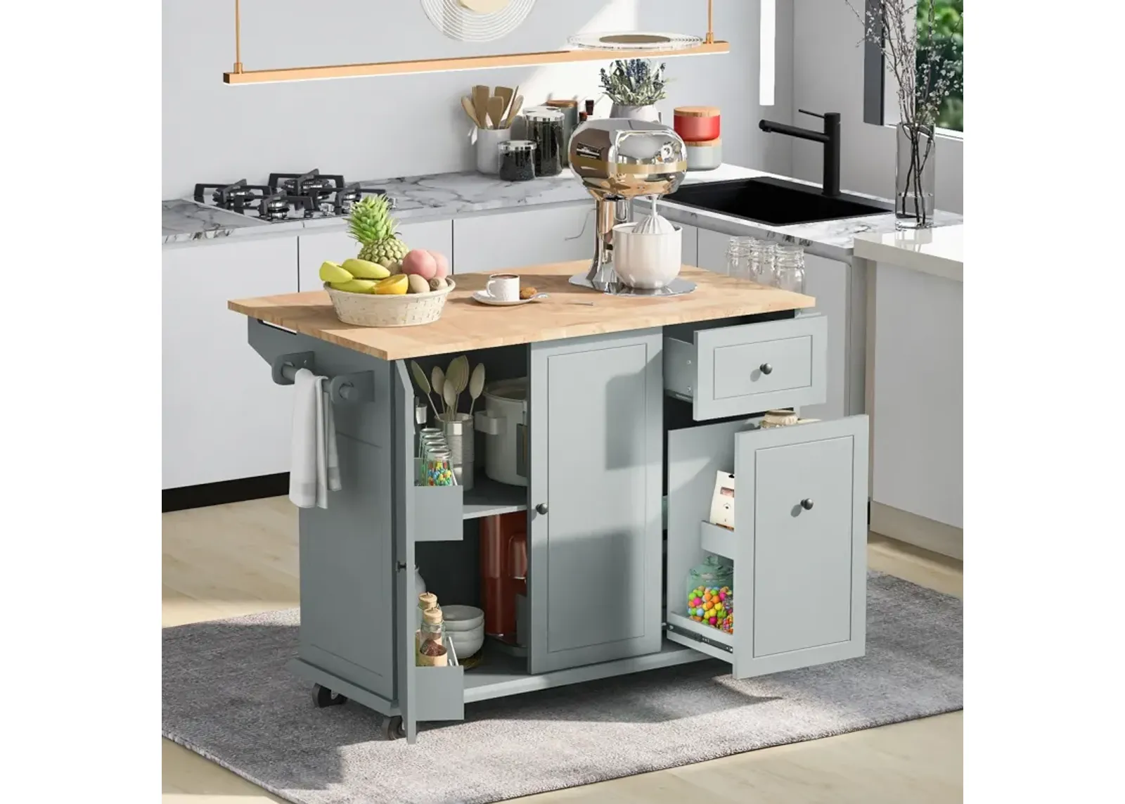 Rolling kitchen island with drop leaf and storage