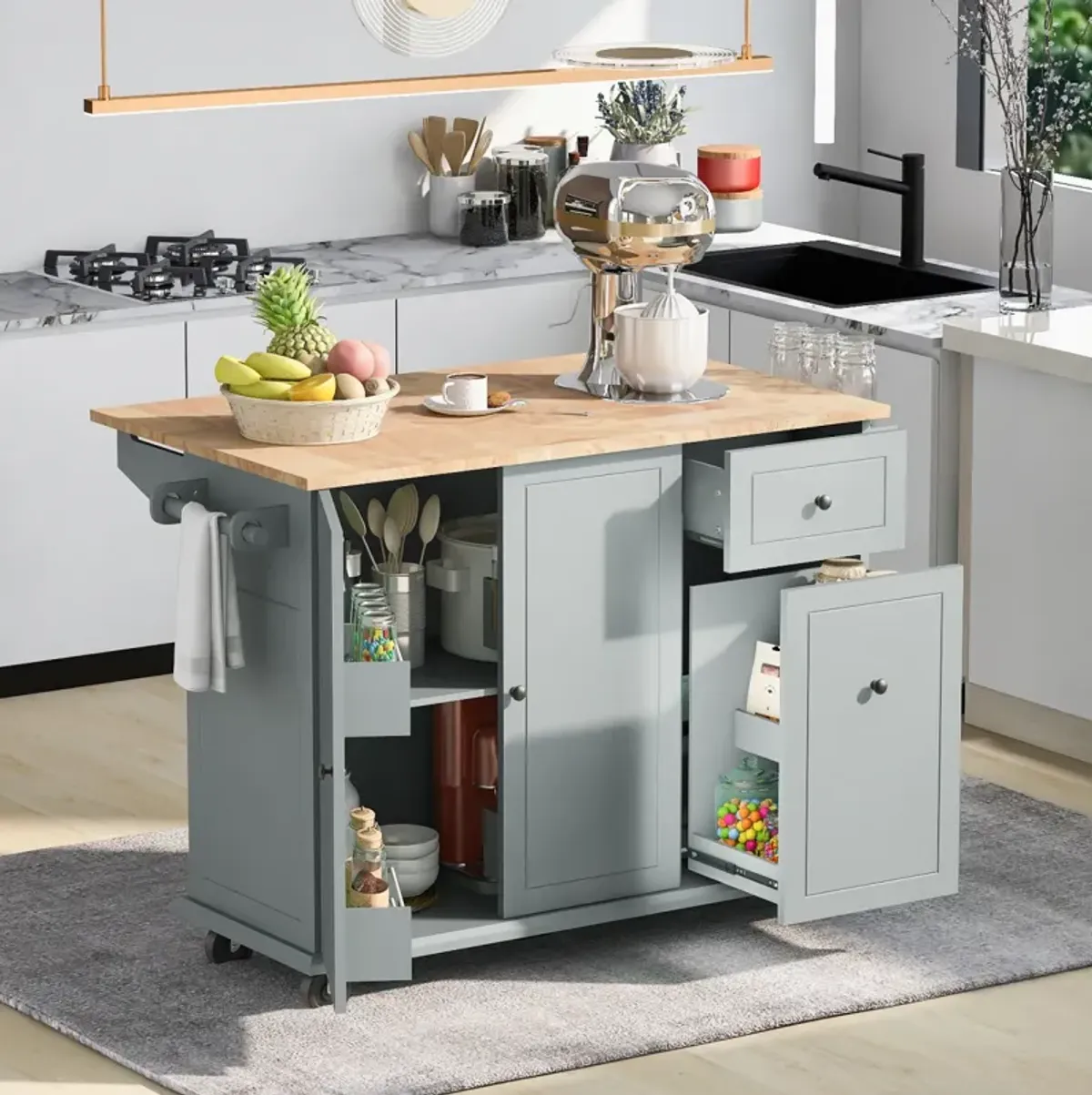 Rolling kitchen island with drop leaf and storage