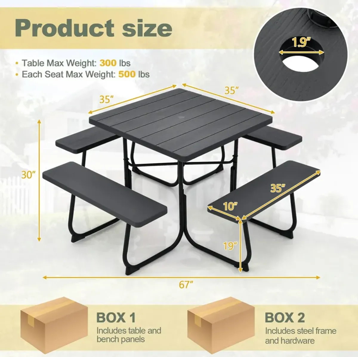 Outdoor Picnic Table with 4 Benches and Umbrella Hole