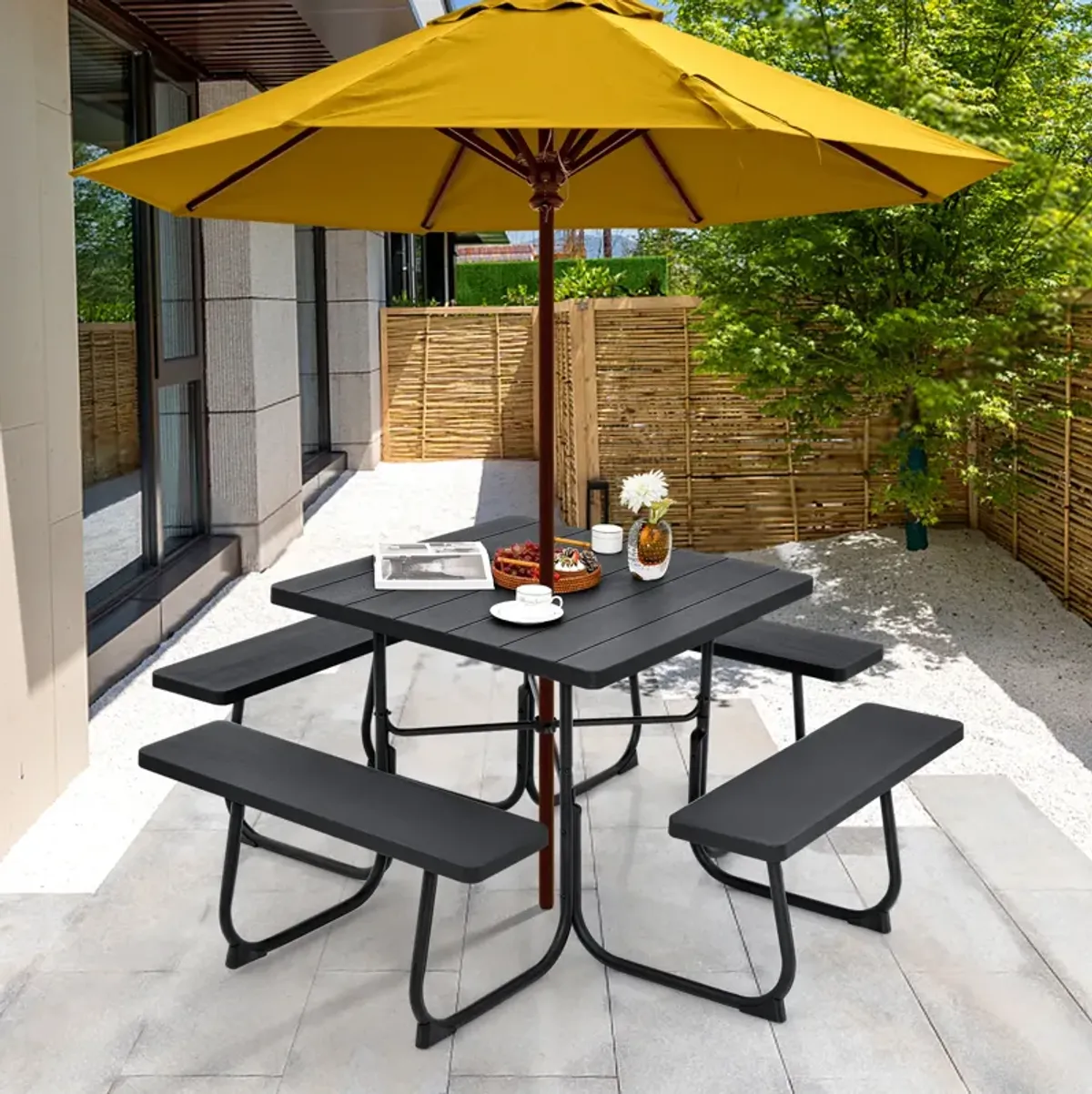 Outdoor Picnic Table with 4 Benches and Umbrella Hole