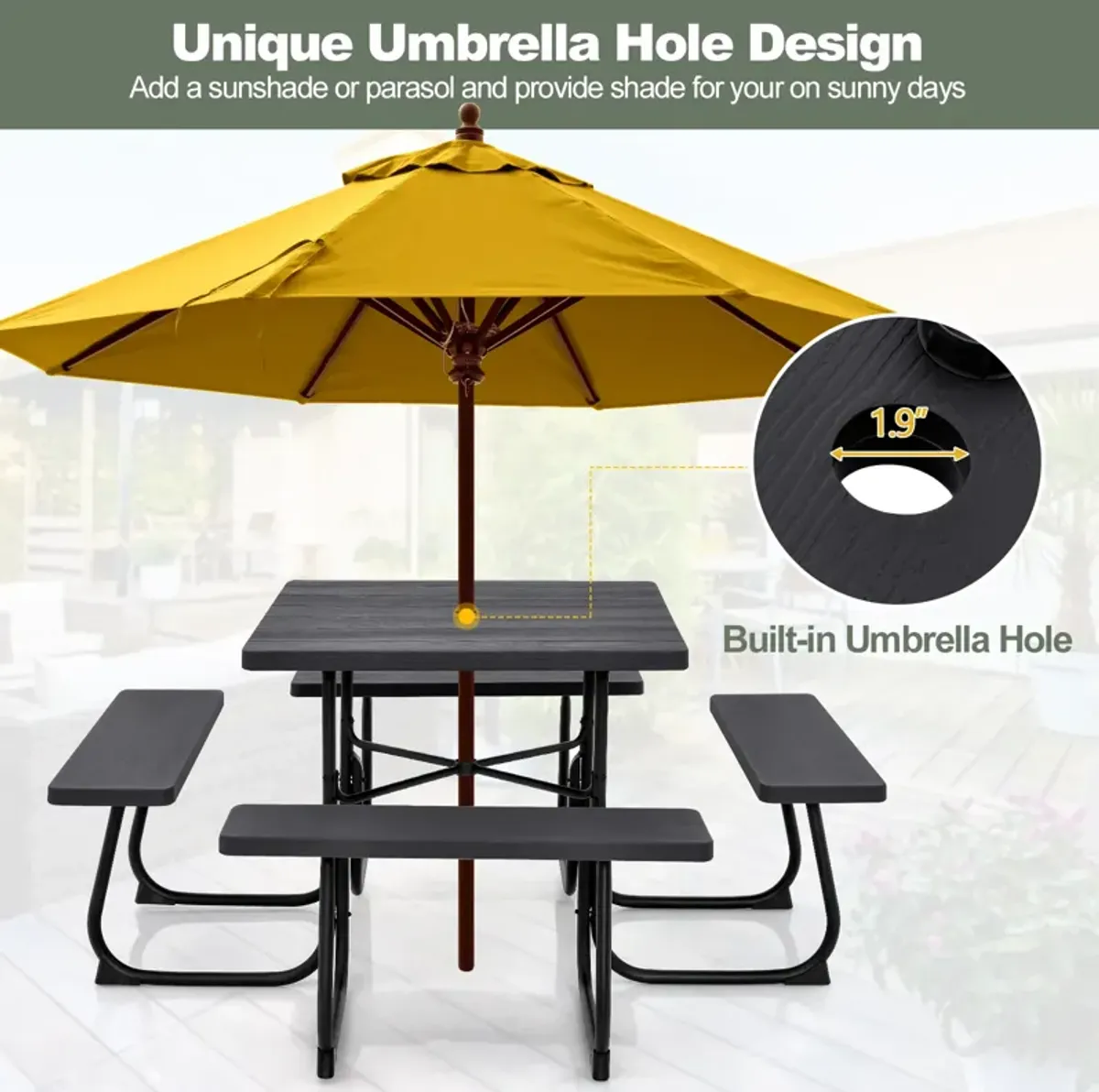 Outdoor Picnic Table with 4 Benches and Umbrella Hole