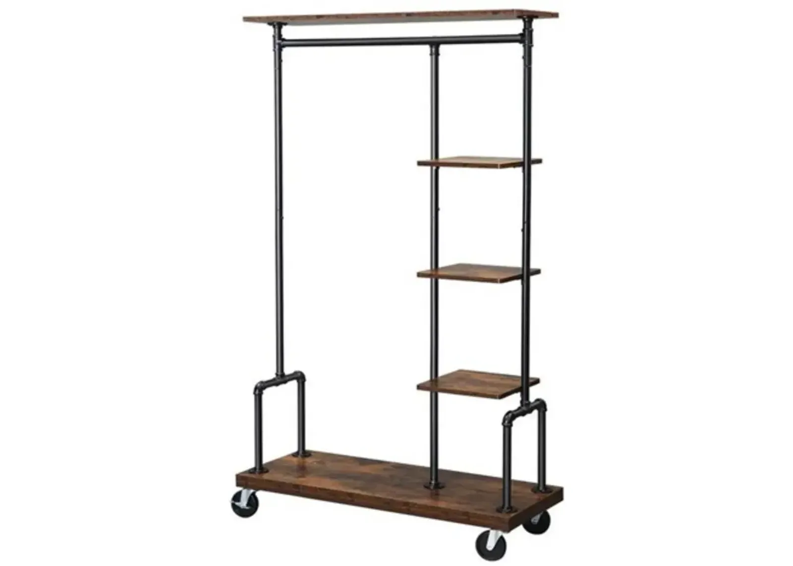 Hivvago Industrial Metal Pipe Garment Rack with Wood Storage Shelves on Wheels