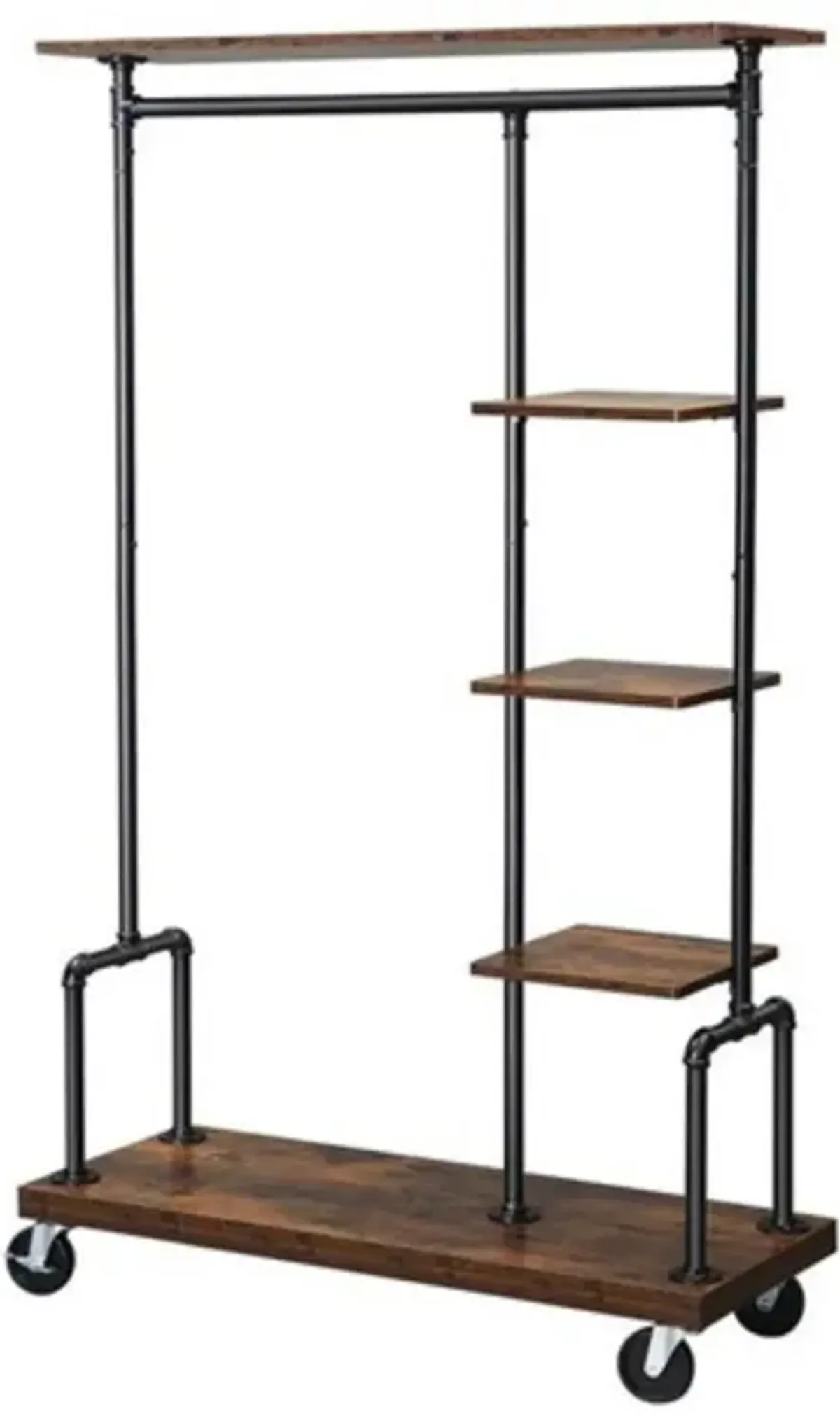 Hivvago Industrial Metal Pipe Garment Rack with Wood Storage Shelves on Wheels