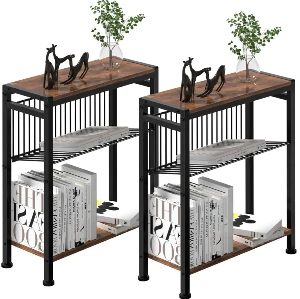 Lifenite Side Table for Small Spaces, Set of 2 Narrow End Table with Magazine Holder, 2 in 1 Design Slim Side Table, Skinny Nigh