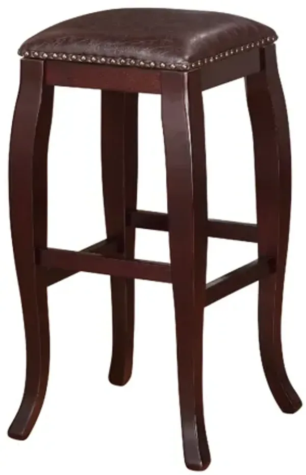 Wooden Bar Stool with Cushioned Seat and Nailhead Trim Edge, Brown - Benzara
