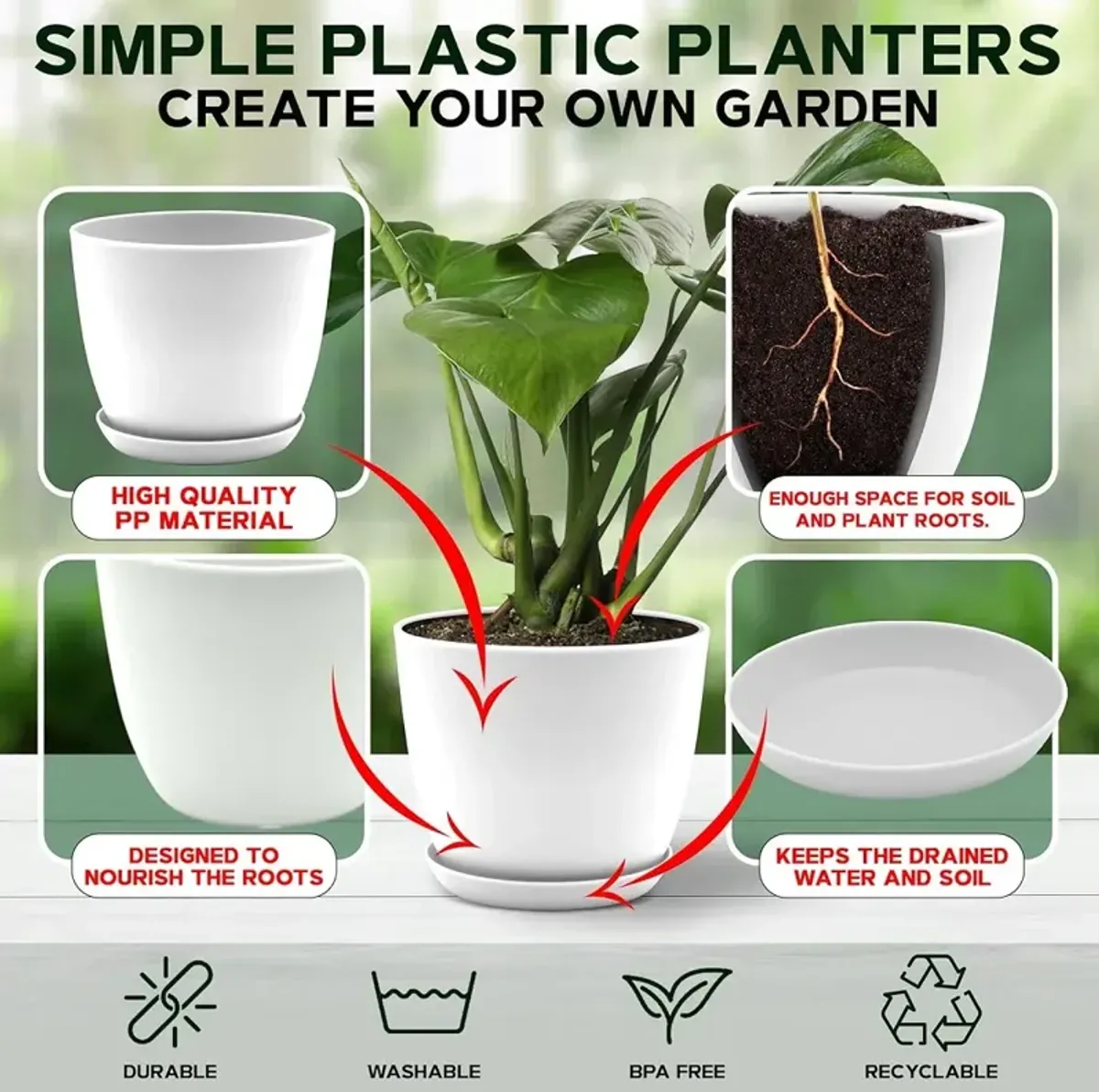 Campior Plastic Plant Pots with Drainage - Home Decor Flower Pot, Stackable Design for Indoor & Outdoor Use, Lightweight and Sturdy, Space-Saving, (7”, 6.6”, 6”, 5.3”, 4.8” Inches), Pack of 20, White