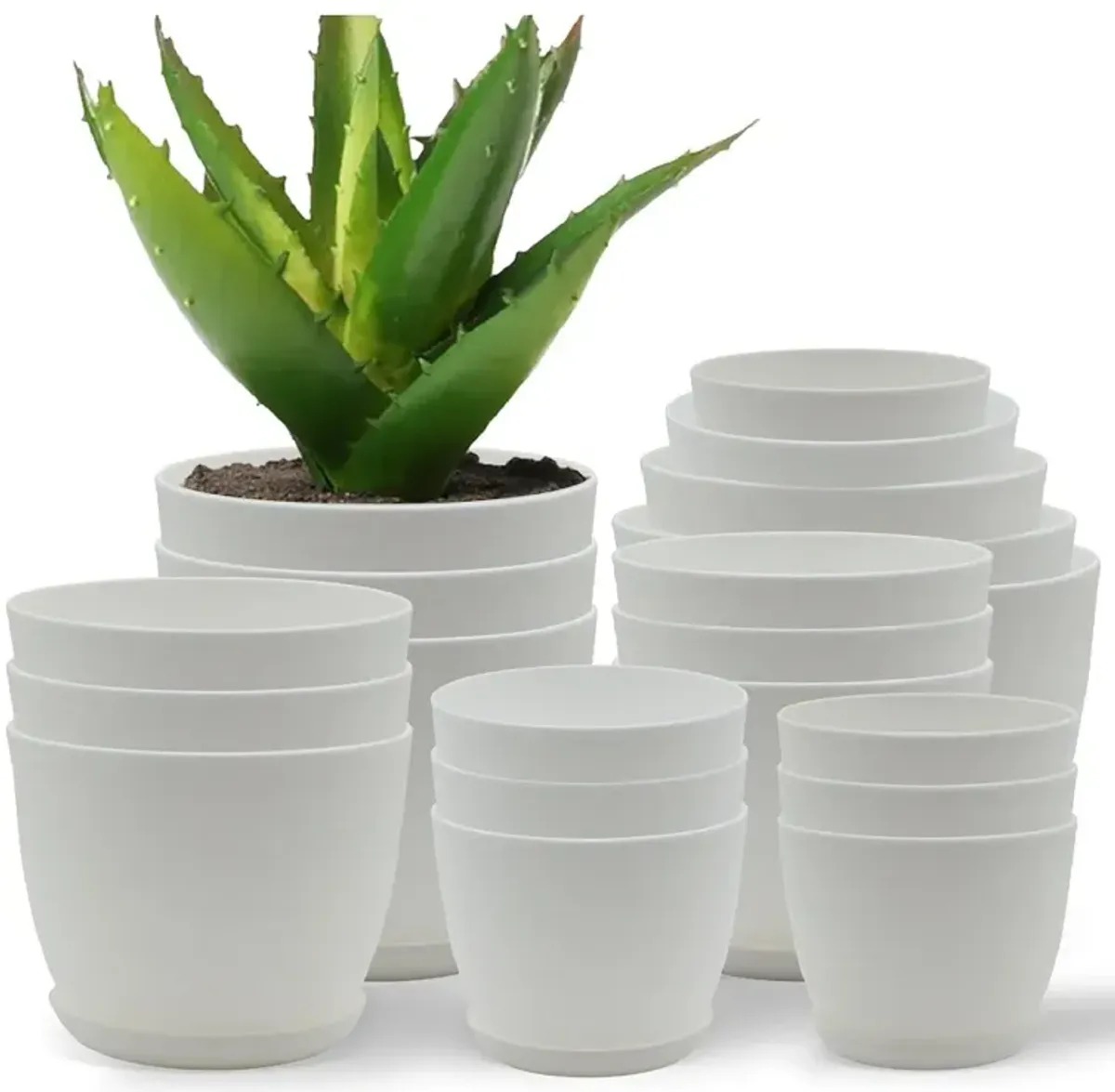 Campior Plastic Plant Pots with Drainage - Home Decor Flower Pot, Stackable Design for Indoor & Outdoor Use, Lightweight and Sturdy, Space-Saving, (7”, 6.6”, 6”, 5.3”, 4.8” Inches), Pack of 20, White