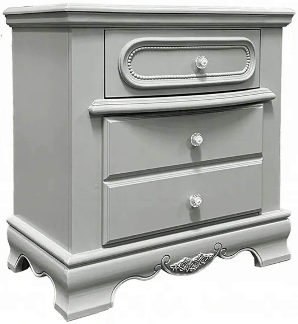 Auri Kids Nightstand, 3 Drawers and Scalloped Base, 27 Inch Gray Wood - Benzara