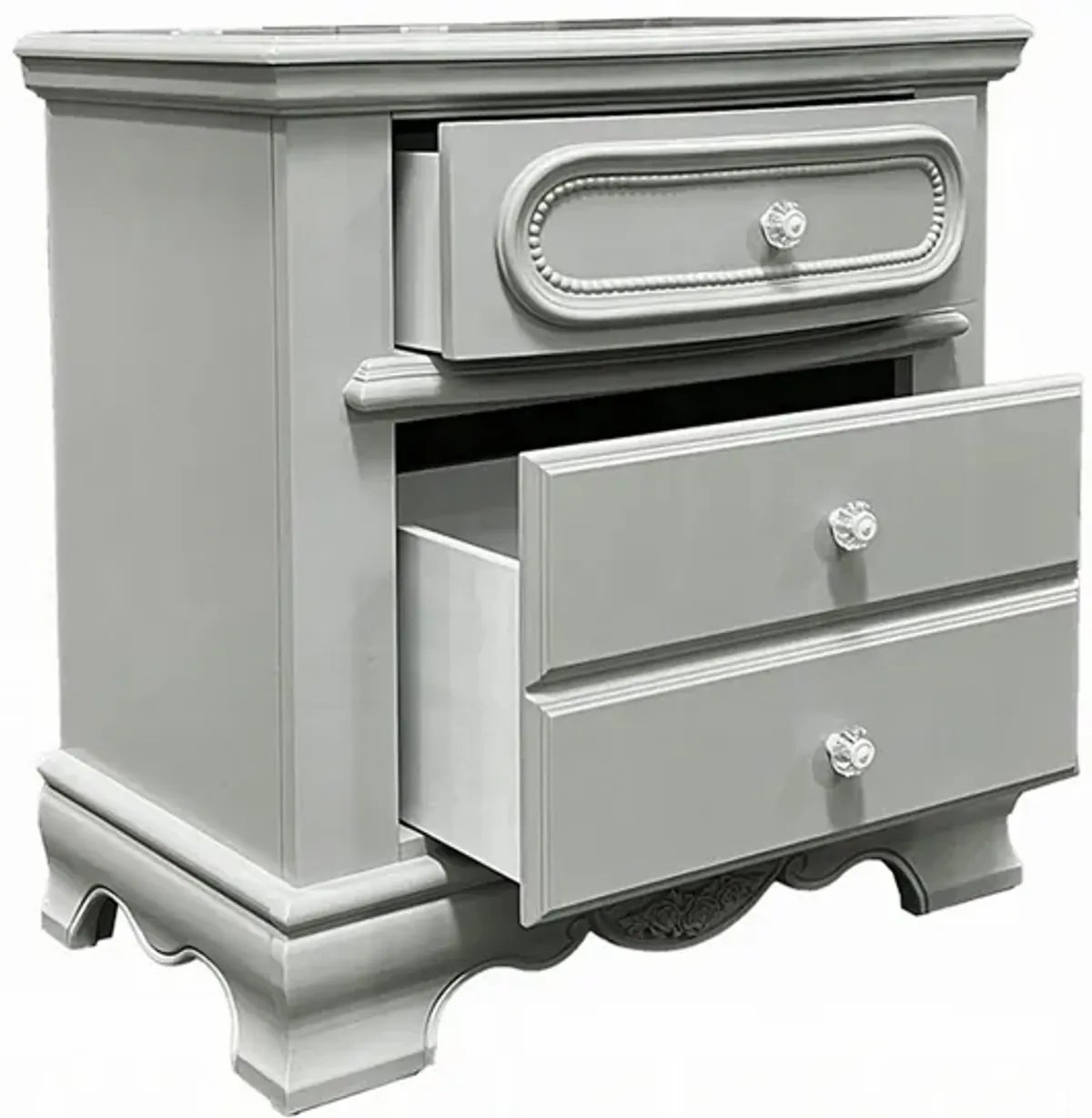 Auri Kids Nightstand, 3 Drawers and Scalloped Base, 27 Inch Gray Wood - Benzara