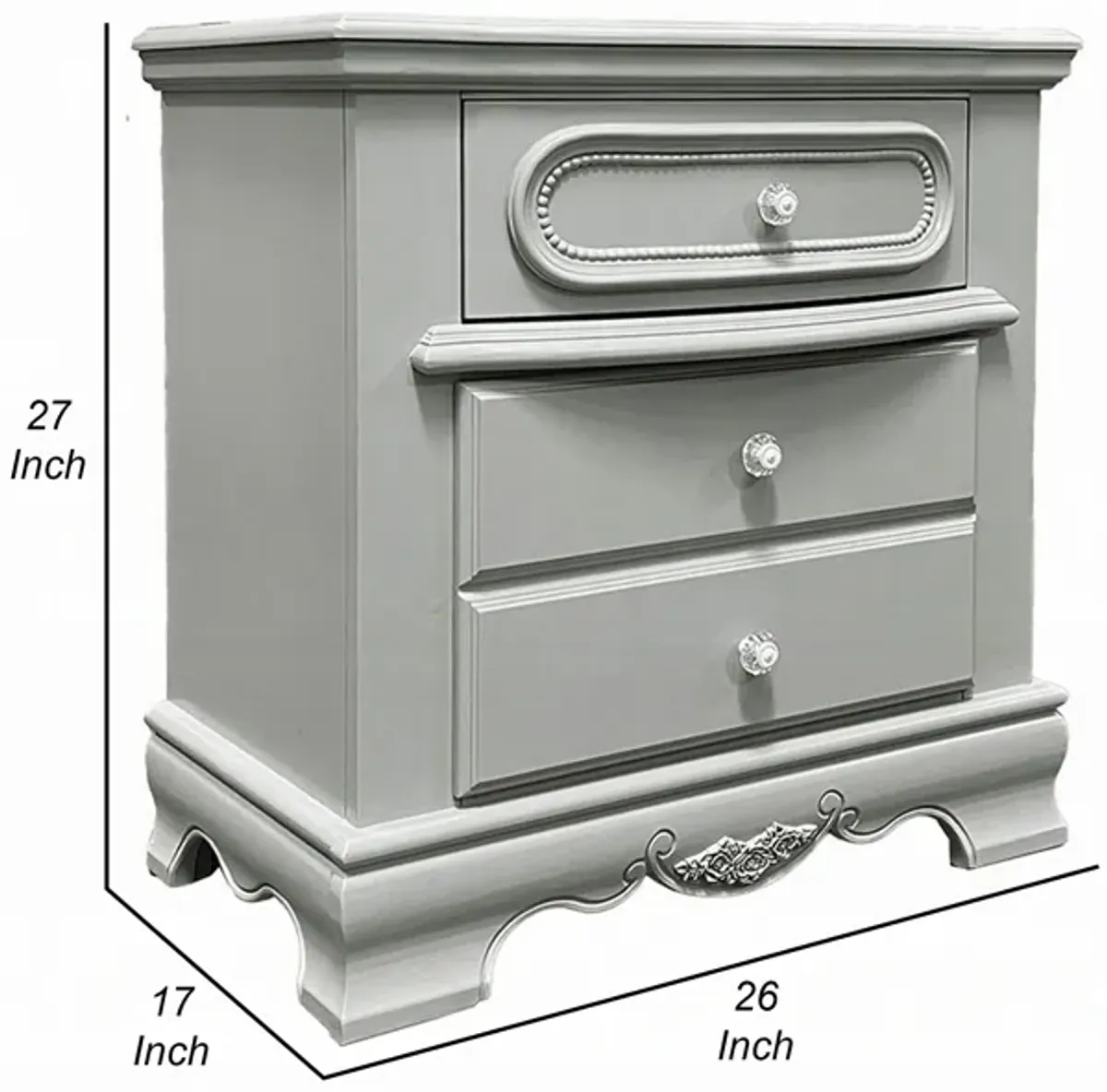 Auri Kids Nightstand, 3 Drawers and Scalloped Base, 27 Inch Gray Wood - Benzara