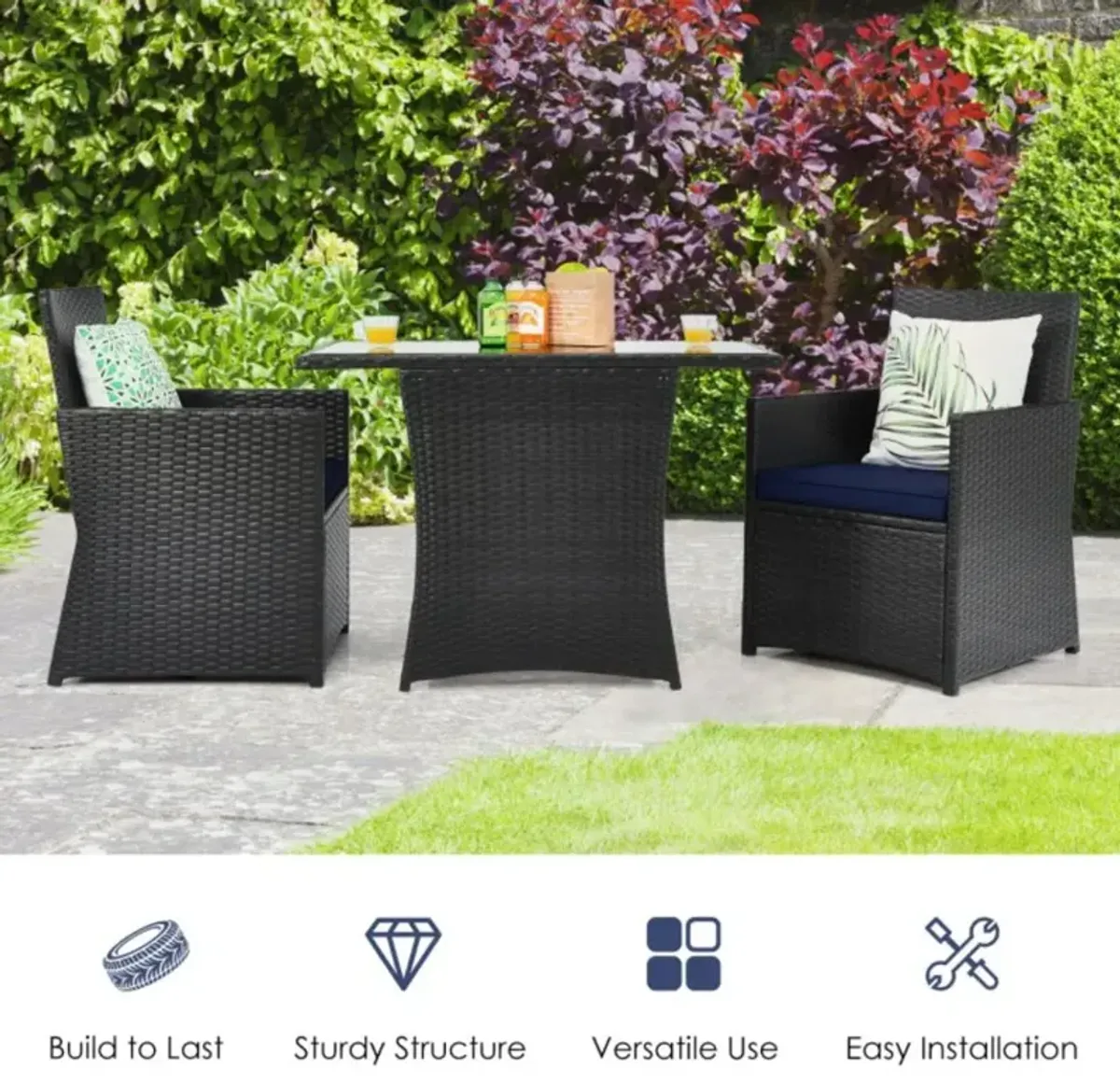 Hivvago 3 Pieces Patio Rattan Furniture Set with Cushion and Sofa Armrest