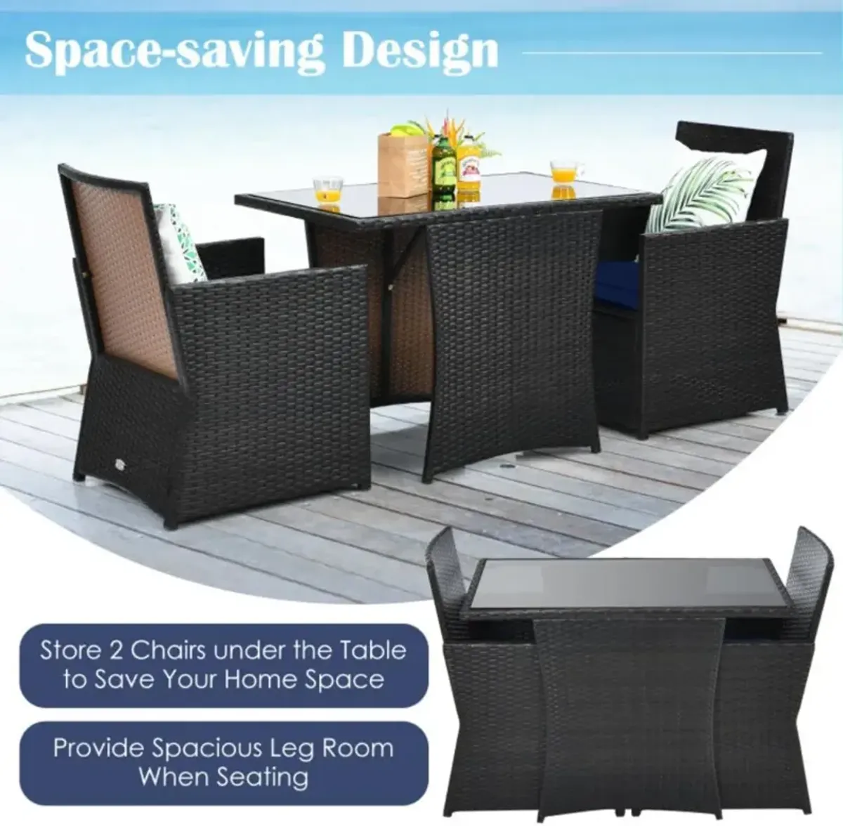 Hivvago 3 Pieces Patio Rattan Furniture Set with Cushion and Sofa Armrest