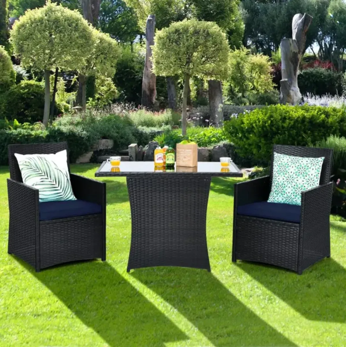 Hivvago 3 Pieces Patio Rattan Furniture Set with Cushion and Sofa Armrest