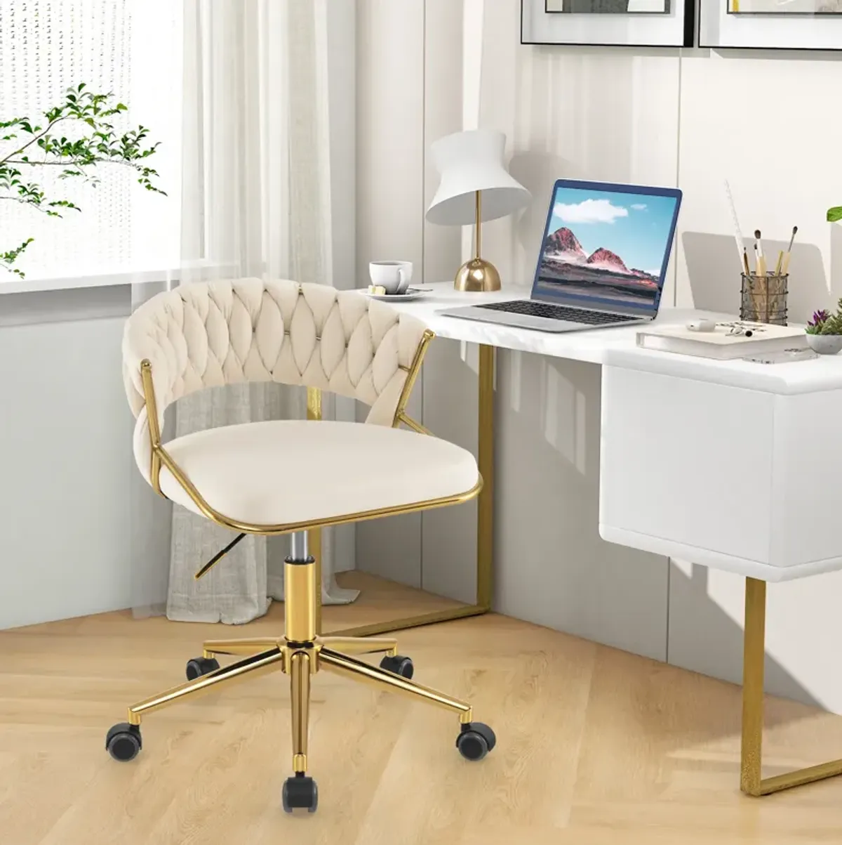 Height Adjustable Swivel Upholstered Desk Computer Chair with Hand-woven Back-Beige