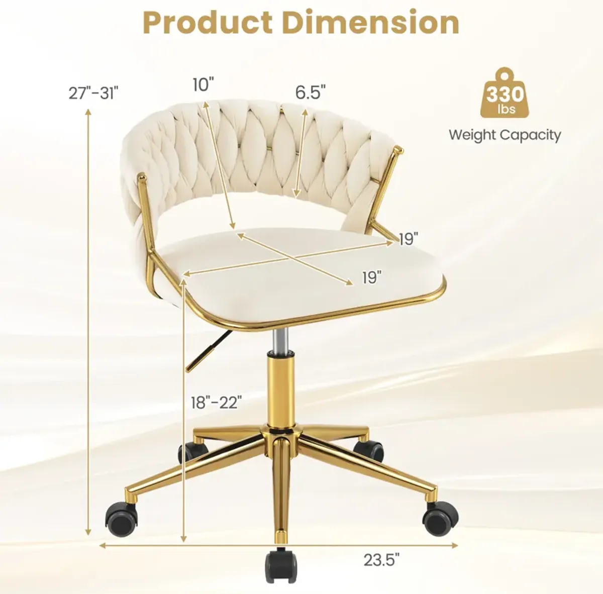 Height Adjustable Swivel Upholstered Desk Computer Chair with Hand-woven Back-Beige