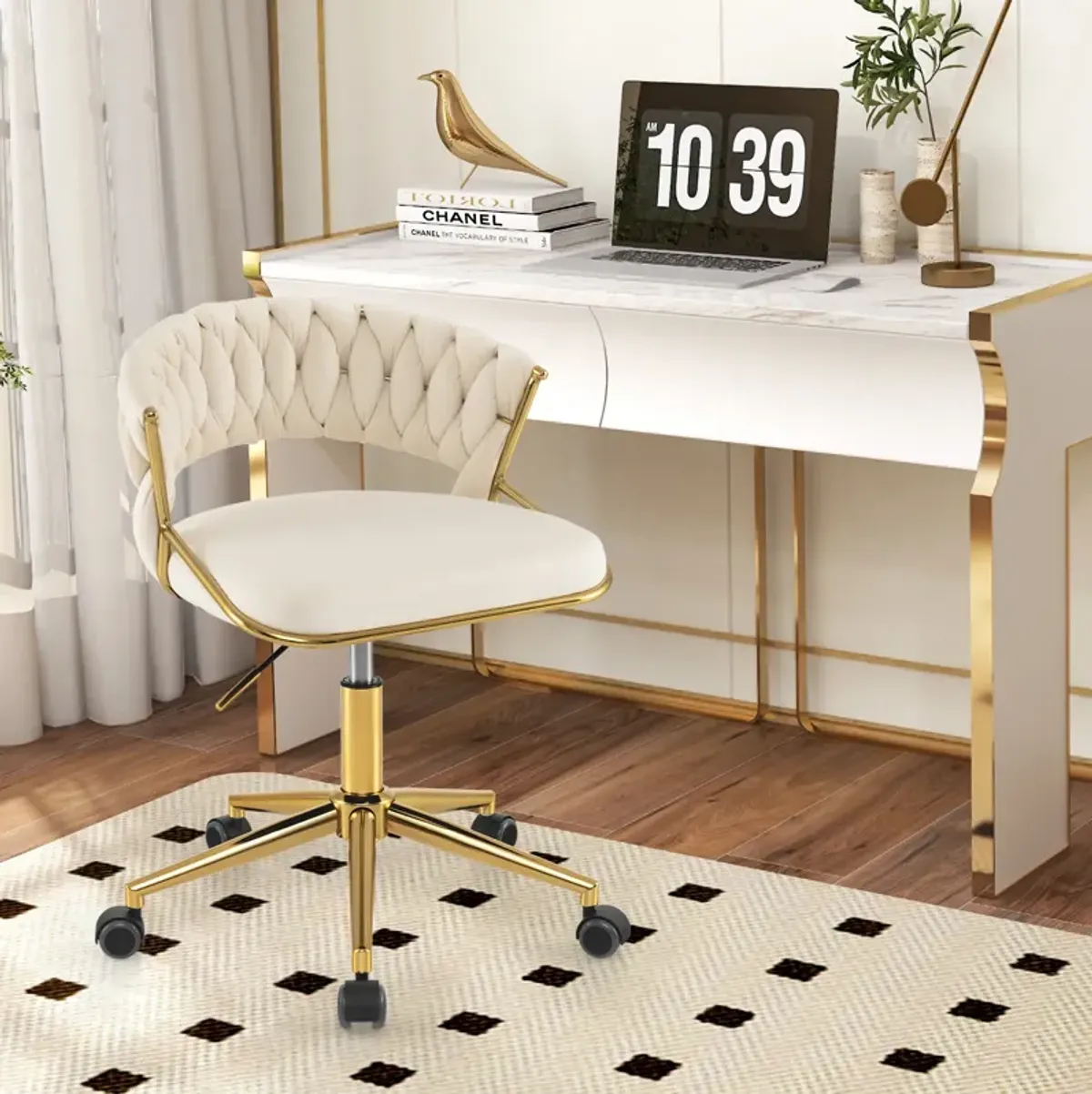 Height Adjustable Swivel Upholstered Desk Computer Chair with Hand-woven Back-Beige