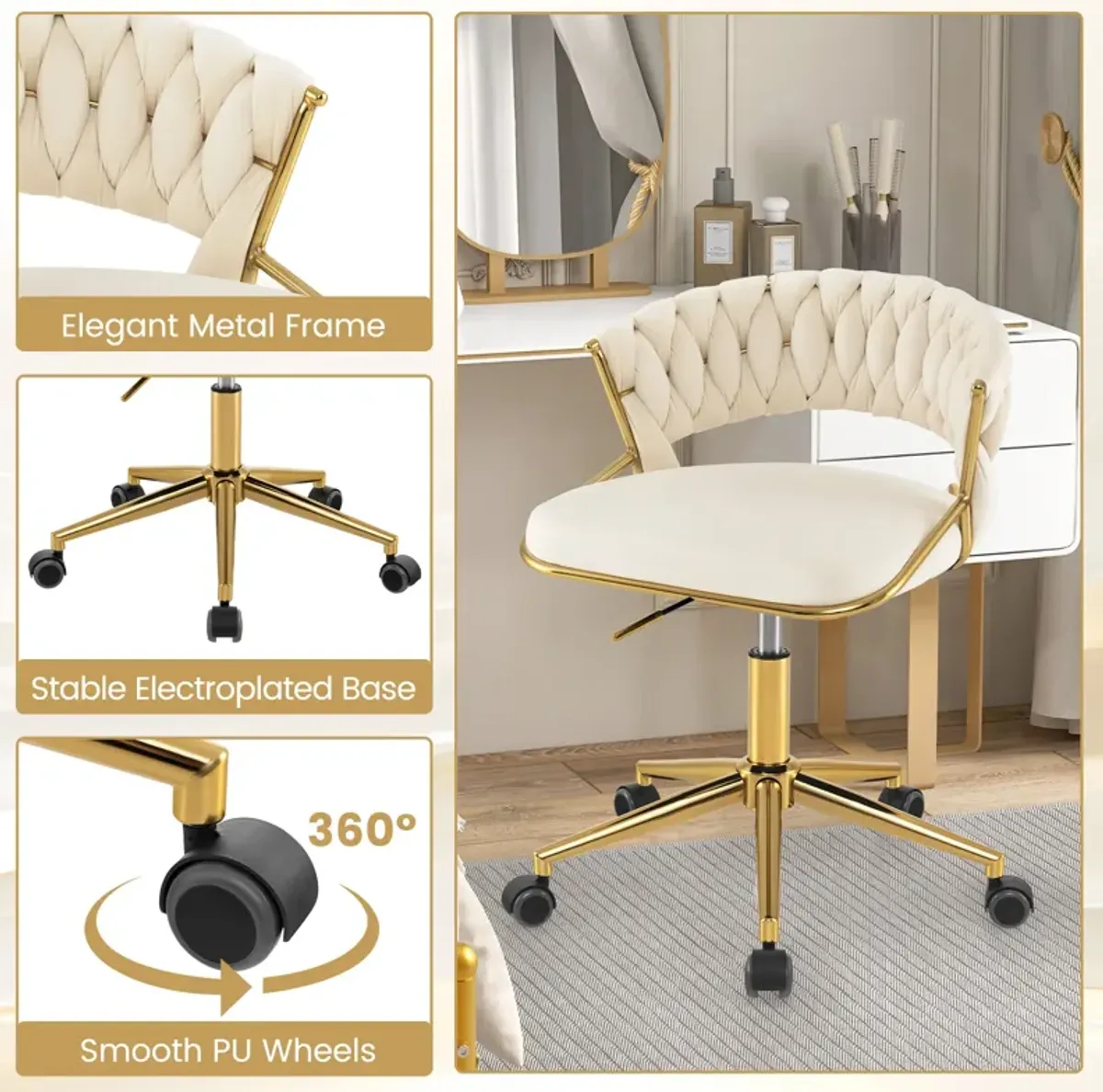 Height Adjustable Swivel Upholstered Desk Computer Chair with Hand-woven Back-Beige