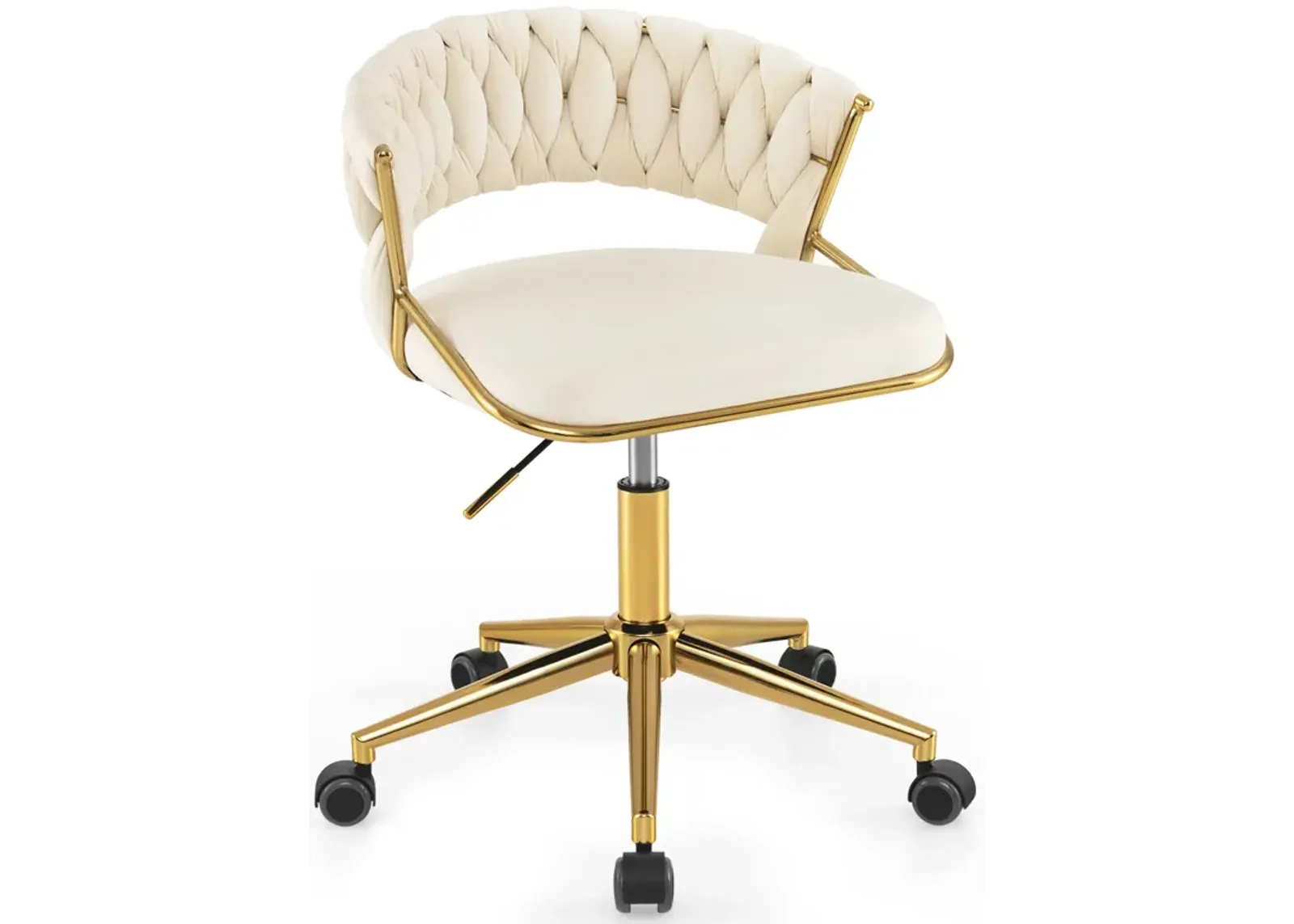 Height Adjustable Swivel Upholstered Desk Computer Chair with Hand-woven Back-Beige